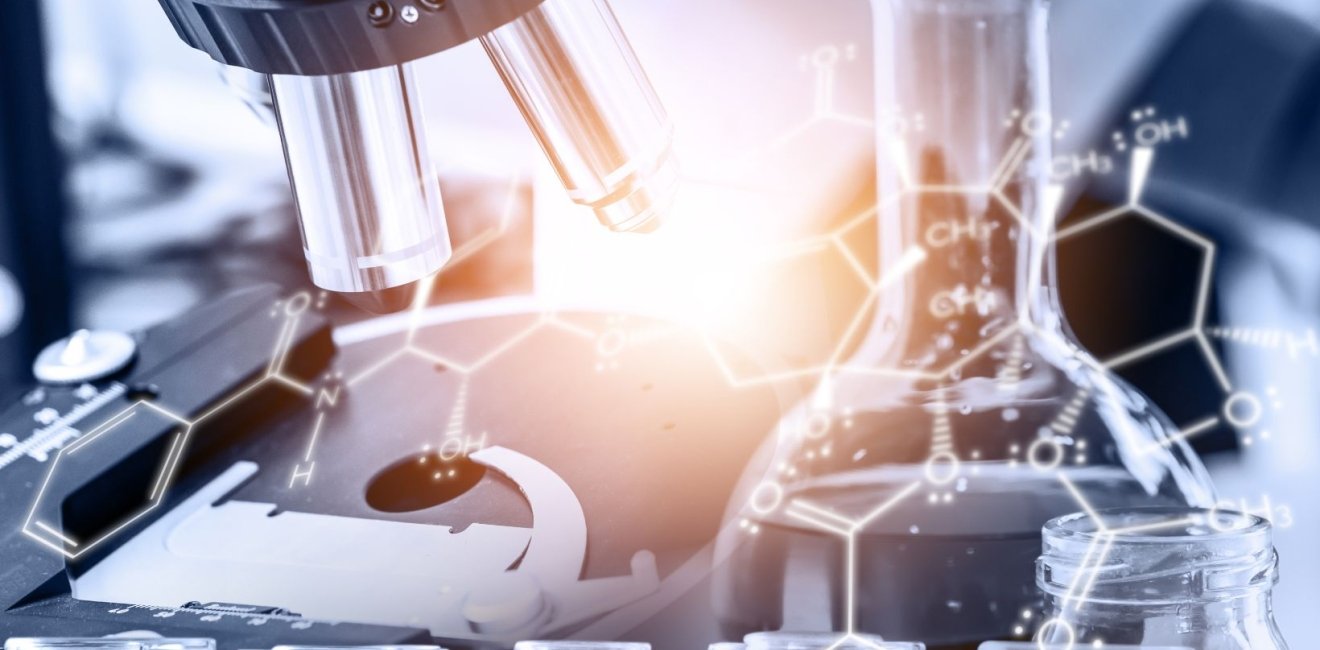 A microscope and a beaker over laid with a chemical makeup of a molecule