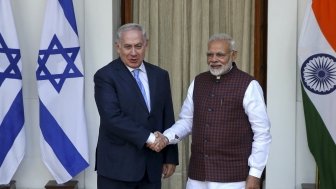 India's Prime Minister Narendra Modi, right and Israeli Prime Minister Benjamin Netanyahu pose for the media before a meeting in New Delhi, India, Monday, Jan.15, 2018. Netanyahu arrived in India on Sunday for a six-day visit, his first to India. (AP Photo)