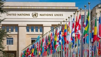 United Nations Building and the flags in Geneva Switzerland