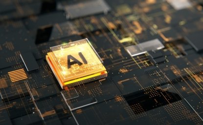 A graphic depicting a computer motherboard with a golden chip labeled AI