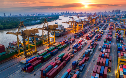 Aerial view of port and shipping containers