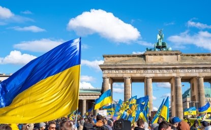 Ukrainian flags in front of the Brandenberg Gate in Berlin