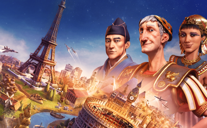 Image from the presskit for the game Civilization 6. Shows 3 leaders from the game, as well as monuments such as the Eiffel Tower.