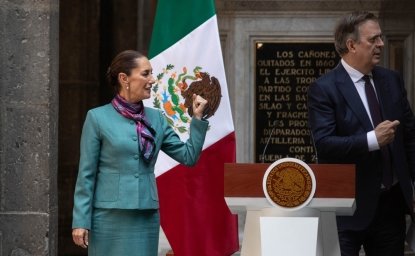 Mexico City, Mexico October 15 2024. Claudia Sheinbaum Pardo, president of Mexico at a press conference after the CEO Dialogue meeting at the National Palace. She is accompanied by Marcelo Ebrard.