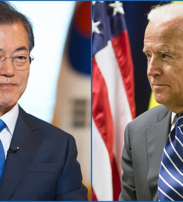 Two photos, with Moon Jae-In on the left and Joe Biden on the right.