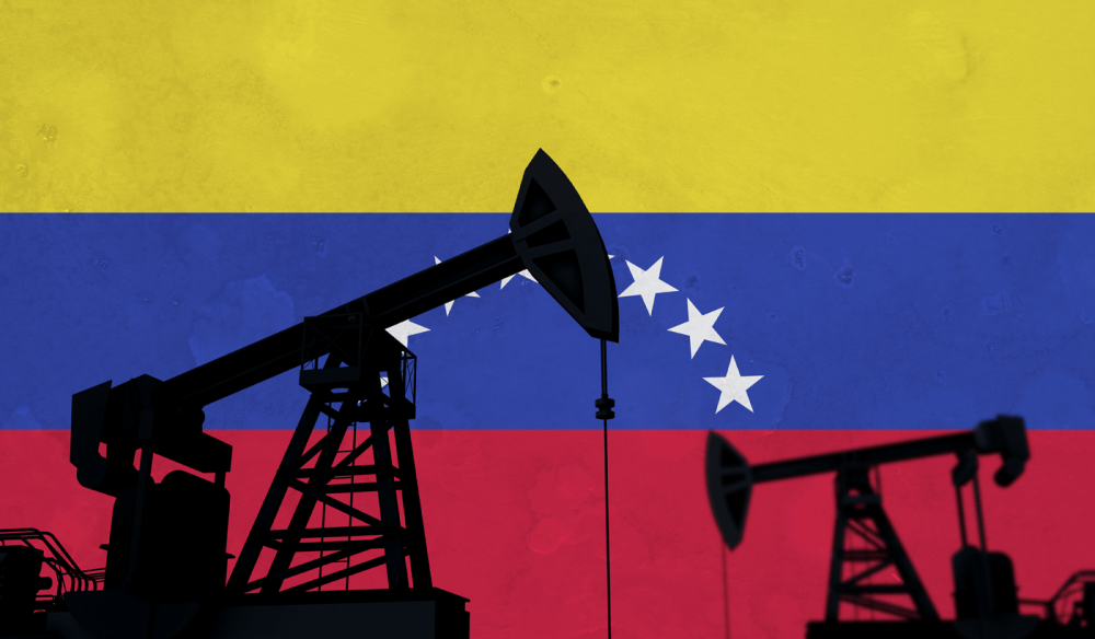 Oil and gas industry background. Oil pump silhouette against venezuela flag. 3D Rendering