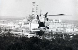 Helicopter spraying decontamination liquid over Chernobyl.