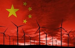 China flag wind farm at sunset, sustainable development, renewable energy wind turbines.