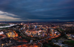 Aerial night photo of Duisburg, Germany