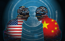 Two silhouettes overlaid with the Chinese and American flag face off  