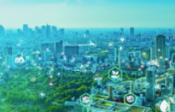 Cityscape with green technology icons