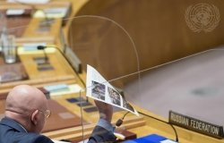 Vassily Nebenzia, Permanent Representative of the Russian Federation to the United Nations, addresses the Security Council meeting on threats to international peace and security. 
