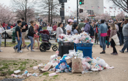 Garbage piles up and overflows the trash cans on the National Mall during the annual Cherry Blossom Festival in the spring.