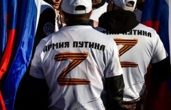 Russian nationalists wearing pro-war "Z" shirts at a rally