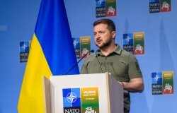 VILNIUS, LITHUANIA. 12th July 2023. Volodymyr Zelensky speaks during Joint press conference at NATO SUMMIT 2023.