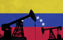 Oil and gas industry background. Oil pump silhouette against venezuela flag. 3D Rendering